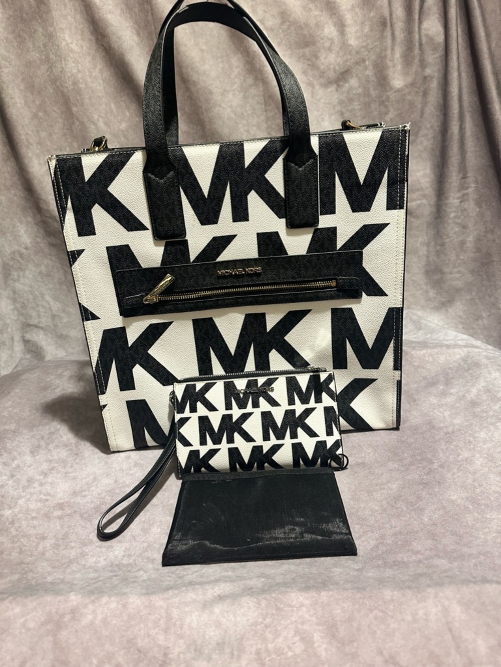 Michael Kors Black & White MK Logo Tote with Matching Wallet